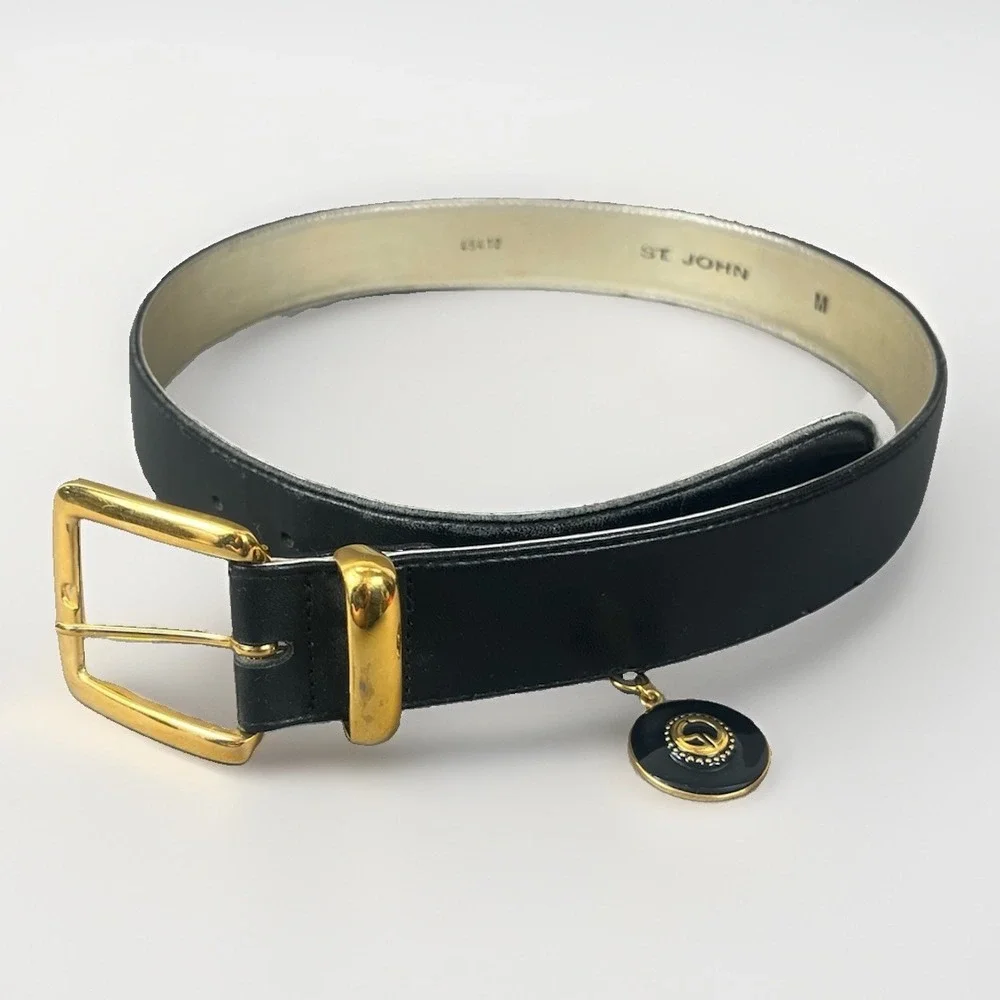 St John Black Leather Belt Women's Size Medium With Charm Gold Clasp Buckle